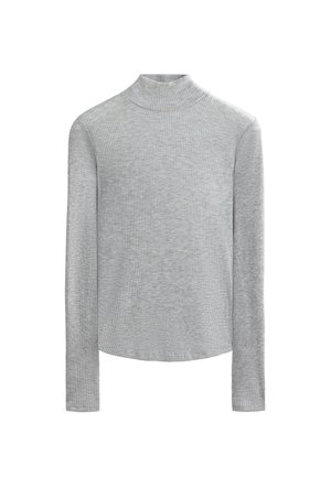 Grijze geribbelde lange mouwen turtleneck trui met een fitted ontwerp en een zachte textuur. Heeft een hoge halslijn en een rechte zoom.