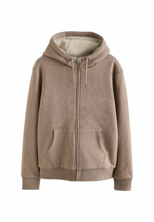 Brun zip-up hoodie med en mjuk, fleecefoder inuti, två framfickor, justerbar dragsko på huven, samt ribbade ärmslut och nederkant.