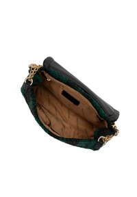 Black leather handbag with a green textured fabric trim, gold chain strap, and a beige interior featuring a logo pattern. Opened view displayed.