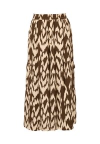 Bruine en beige gestreepte rok met een elastische tailleband, op knielengte, gemaakt van zachte stof en met twee zijzakken.