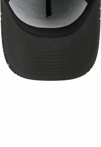 Black cap featuring a flat brim, textured interior lining, and colorful patterned accents along the edge.
