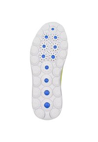 Suela de zapato blanca con cortes circulares y acentos azules, con una superficie texturizada y un patrón en zigzag. Logotipo de Geox visible.