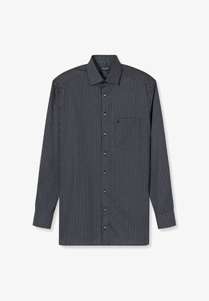 Langärmliges Hemd in Marineblau mit einem geometrischen Muster. Verfügt über einen klassischen Kragen und eine durchgehende Knopfleiste mit hellen Knöpfen.