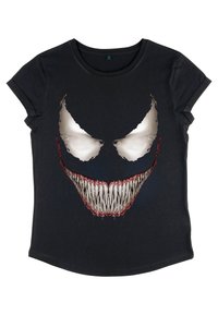 Sort bomulds T-shirt med et stort grafik af et truende ansigt med hvide øjne, en bred rød mund fyldt med skarpe tænder.