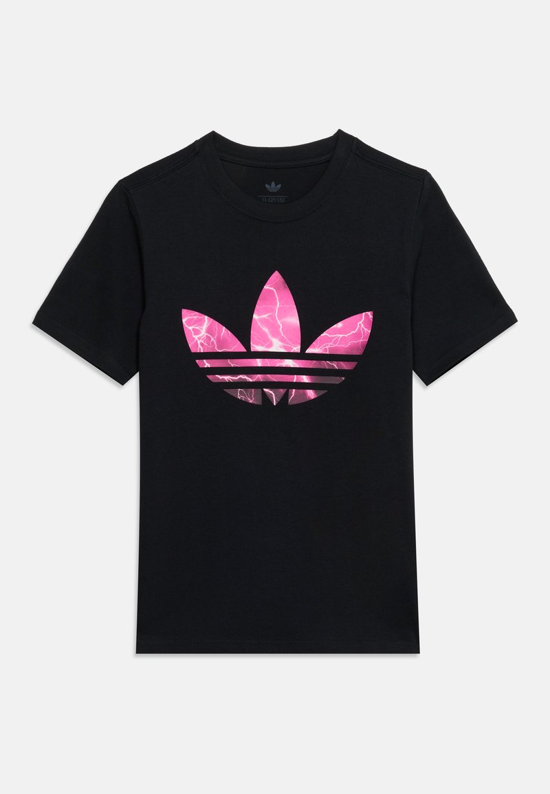 Čierne tričko s krátkym rukávom s veľkým ružovým logom Adidas Trefoil s motívom blesku na prednej strane.