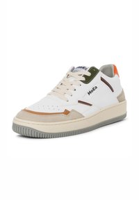 White sneaker with beige, brown, and green accents. Features a textured suede toe cap, perforations, and a rubber sole with grooves.
