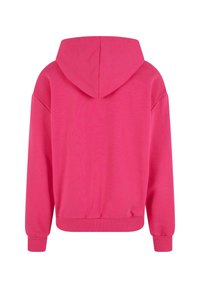 Sudadera con capucha en rosa brillante, hecha de una tela suave. Cuenta con mangas largas y un dobladillo de canalé. Textura suave con un diseño casual.