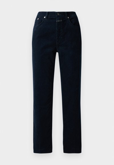 Navy corduroy trousers with a straight leg design, featuring front pockets, a zip-fly, and metal button accents on the waistband.