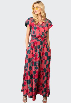 Maxikleid mit einem lebhaften rot-grünen Kreisdesign, kurzen Ärmeln, elastischem Taillenbund und Seitentaschen; fließender Stoff mit angenehmer Textur.