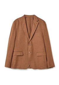 Blazer in lino marrone con rever a punta, due tasche frontali e due bottoni. Il tessuto ha una texture liscia e una vestibilità rilassata.