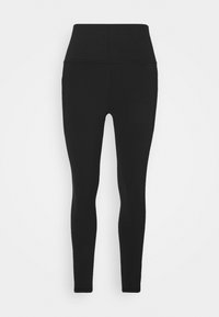 Fekete, magas derekú leggings, rugalmas anyagból készült, varrat nélküli kialakítással és keskenyedő lábakkal a karcsú illeszkedés érdekében.