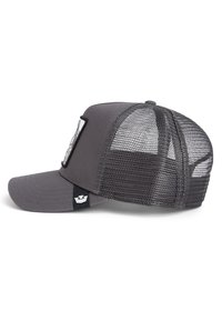 Graue Baseballmütze mit einer stabilen Vorderseite und einem Netzrücken. Mit einem gebogenen Schirm und einem schwarzen Akzentstoff auf der Seite.