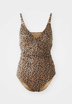 Maillot de bain une pièce imprimé léopard avec bretelles ajustables, texture froncée et décolleté en V dans des nuances de brun et de noir.