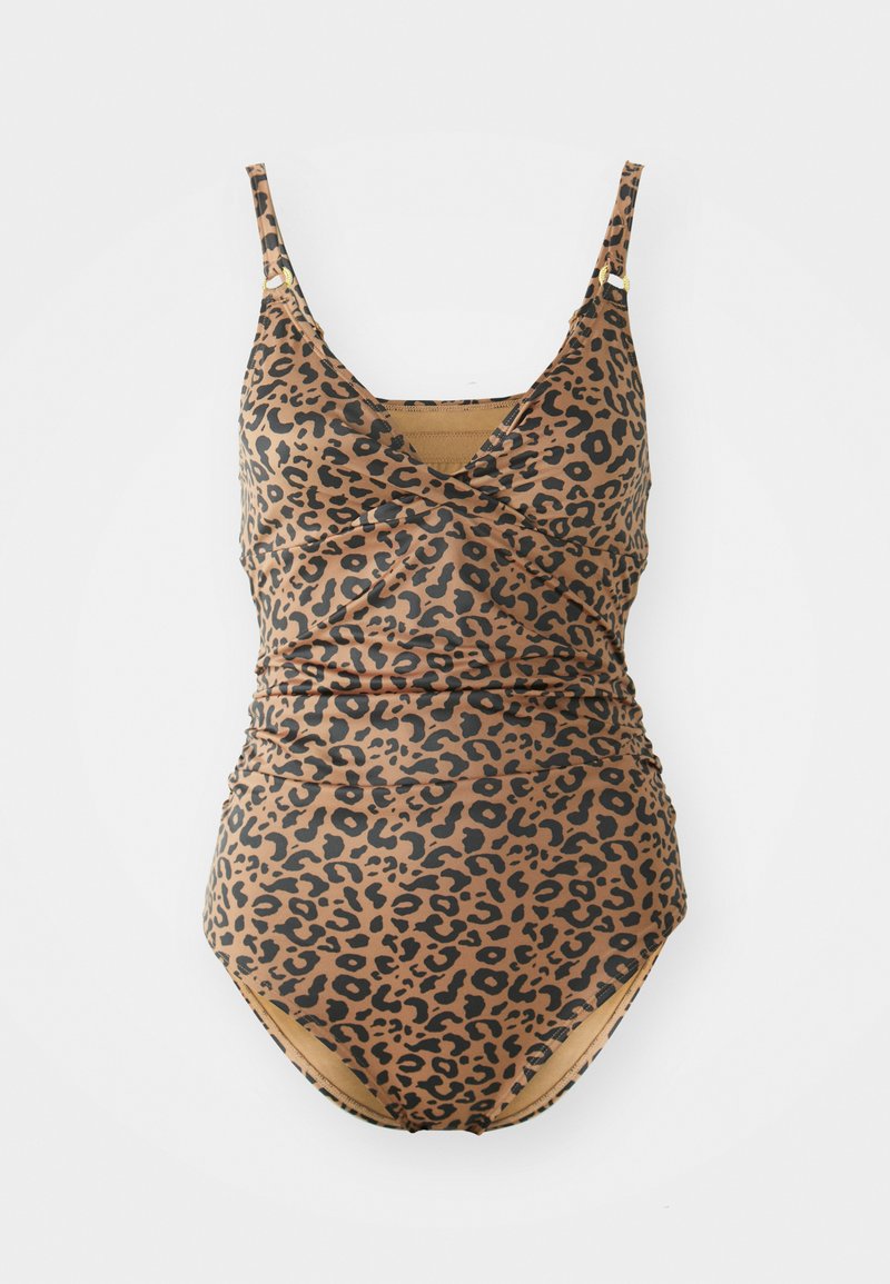 Costum de baie întreg cu imprimeu leopard, cu bretele ajustabile, textură plisată și decolteu în V, în nuanțe de maro și negru.