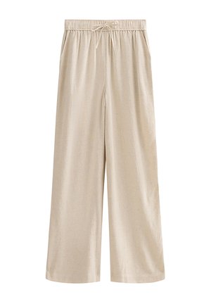 Beige wide-leg pants with elastic waistband and drawstring tie, featuring side pockets, displayed on a white background.