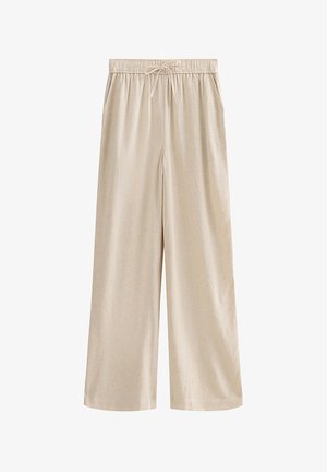 Beige wijde broek met elastische tailleband en trekkoord, met zijzakken, afgebeeld op een witte achtergrond.