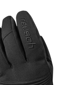 Schwarze Handschuhe aus strukturiertem Stoff, mit genähten Details und dem markant auf der Rückseite platzierten Markennamen "reusch".