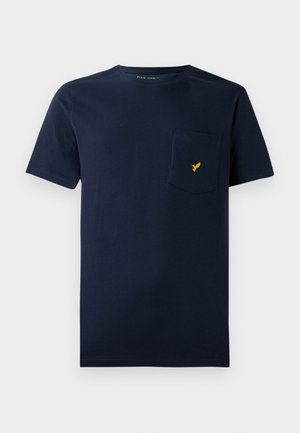 Navy blue cotton T-shirt with short sleeves, round neckline, and a chest pocket featuring a small yellow bird logo.