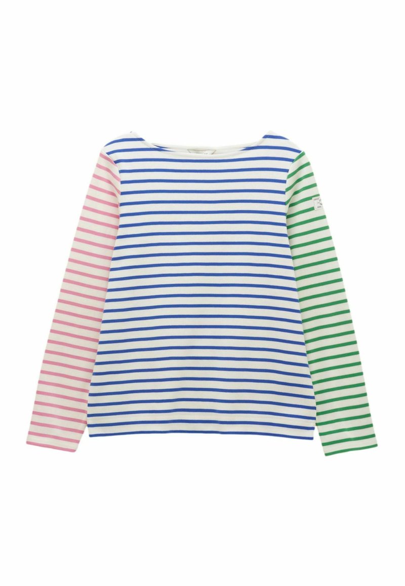 Majica dugih rukava s horizontalnim plavim prugama na bijelom dijelu, ružičastim prugama na lijevom rukavu i zelenim prugama na desnom rukavu, s okruglim izrezom na vratu.