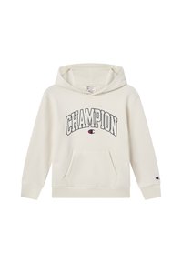 Bluza z kapturem w kolorze kremowym, wykonana z mieszanki bawełny. Posiada dużą grafikę "CHAMPION" na klatce piersiowej, przednią kieszeń oraz ściągacze przy mankietach.