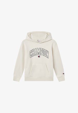 Bluza z kapturem w kolorze kremowym, wykonana z mieszanki bawełny. Posiada dużą grafikę "CHAMPION" na klatce piersiowej, przednią kieszeń oraz ściągacze przy mankietach.