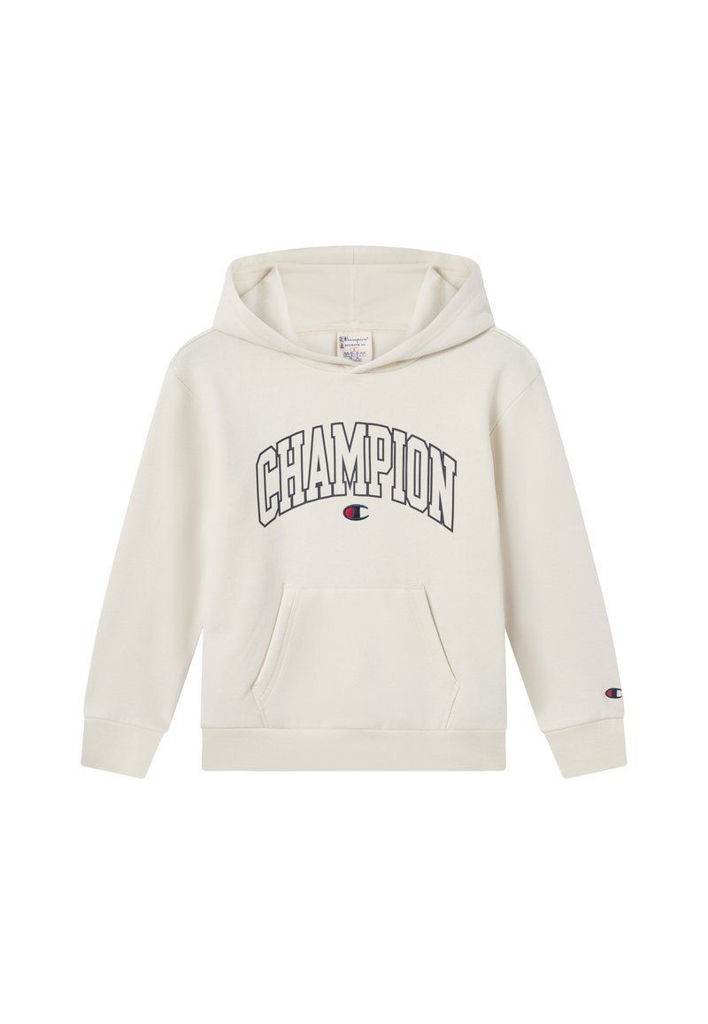 Bluza z kapturem w kolorze kremowym, wykonana z mieszanki bawełny. Posiada dużą grafikę "CHAMPION" na klatce piersiowej, przednią kieszeń oraz ściągacze przy mankietach.