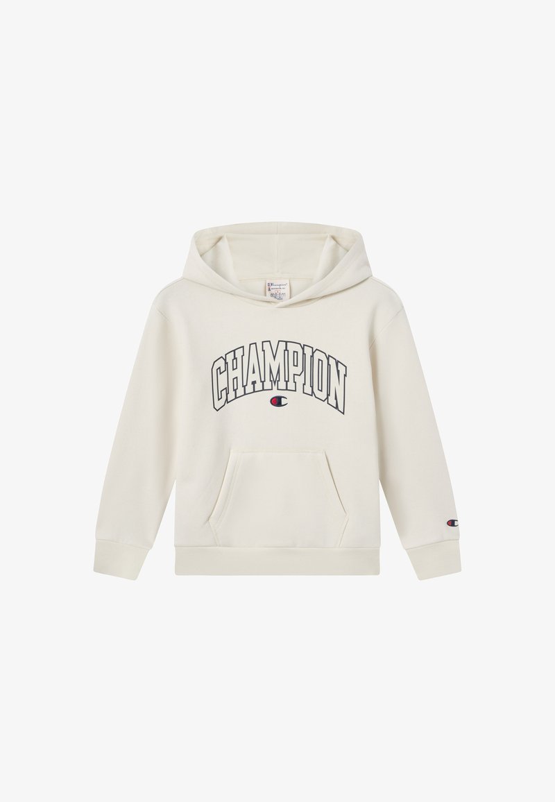 Bluza z kapturem w kolorze kremowym, wykonana z mieszanki bawełny. Posiada dużą grafikę "CHAMPION" na klatce piersiowej, przednią kieszeń oraz ściągacze przy mankietach.