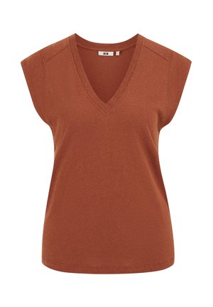 Top senza maniche color ruggine con scollo a V e ampie spalline, realizzato in tessuto morbido leggermente strutturato.