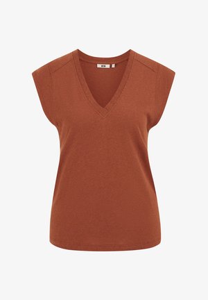 Roostevärvi õlapaeltega V-kaelusega särk, laiade õlgadega, valmistatud pehmest, kergelt tekstuurse kangaga.