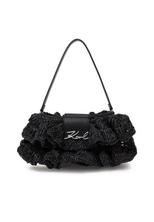 Μαύρη υφασμάτινη τσάντα με στρώσεις βολάν, έναν ενιαίο ιμάντα ώμου και εμπρόσθιο καπάκι με ασημένια λεπτομέρεια λογότυπου "Karl".