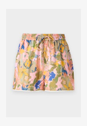 Kraťasy s elastickým pasem a šňůrkou, vícebarevný květinový vzor v růžové, žluté, modré a zelené, s malými bílými bambulkami na lemu.
