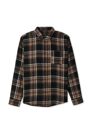 Czarna i brązowa koszula w kratę z długim rękawem, kieszenią na piersi i zaokrąglonym dołem. Wykonana z miękkiego materiału o teksturowanym wykończeniu.