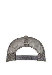Gray mesh baseball cap with a solid fabric front. Features a snapback closure and a subtle logo tag on the rear. Flat brim design.