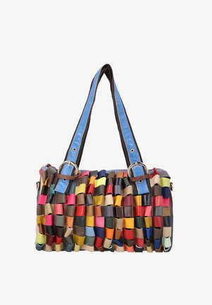 Mała prostokątna torebka z plecionymi wielokolorowymi skórzanymi paskami i niebieskimi skórzanymi paskami na ramię z metalowymi sprzączkami.