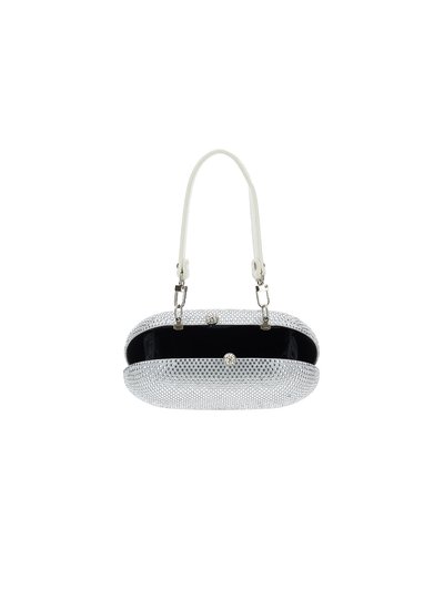 Piccola pochette argentata con cristalli scintillanti, apertura superiore e manico bianco fissato da fermagli metallici.