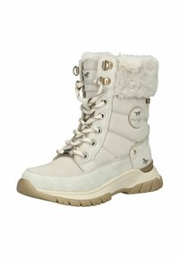 Beige winterboot met een nepfur rand, veter sluitsysteem, en zilverkleurige accenten op een rubberen zool met een gestructureerde grip.