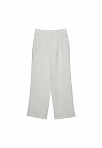 Lichtgrijze brede pijpenbroek met een gladde textuur, voorzien van voorplooien en zijzakken. Ontworpen voor een ontspannen pasvorm en veelzijdige stijl.