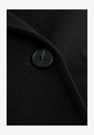 Mustast villasegust hõlmik, millel on sile ja matt tekstuur, nelja auguga nööp ning kerge sära kangal.