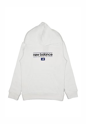 Felpa bianca con cappuccio, dotata di tasca a marsupio frontale, polsini a coste e cappuccio con cordini. Presenta il logo 'new balance' in blu navy.
