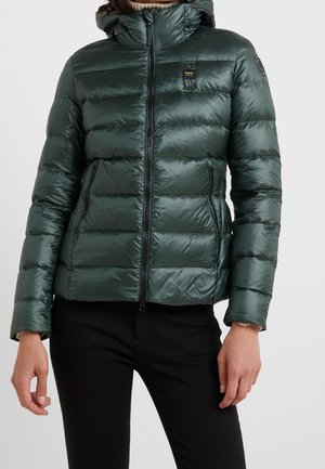 Tmavě zelená prošívaná péřová bunda s kapucí, předním zipem, zipovými kapsami a malými logy na hrudi a rukávu, nošená s černými kalhotami.