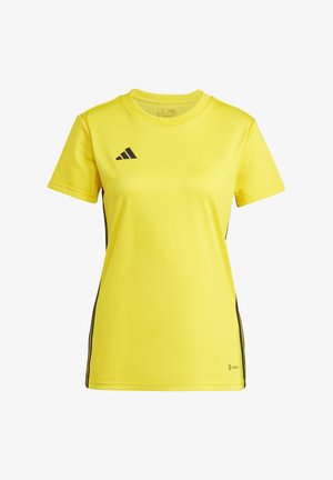T-shirt de sport jaune à manches courtes, fabriqué en tissu lisse et léger. Comprend des rayures noires sur les côtés et un logo noir sur la poitrine.