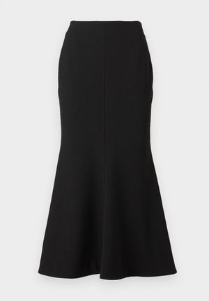 Black flared skirt made from smooth fabric, featuring a fitted waist and a seam down the center, ending with a gentle flare at the hem.