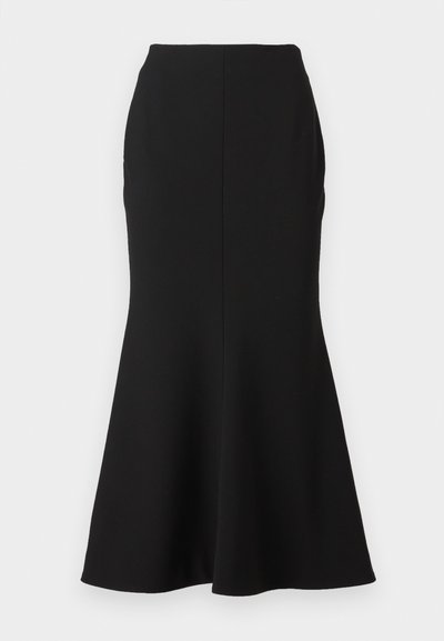 Jupe noire évasée en tissu lisse, présentant une taille ajustée et une couture au centre, se terminant par un léger évasement à l'ourlet.