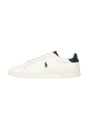 Sneakers in pelle bianca con un tallone verde e borgogna, dettagli perforati e un logo verde sul lato esterno. Suola in gomma.