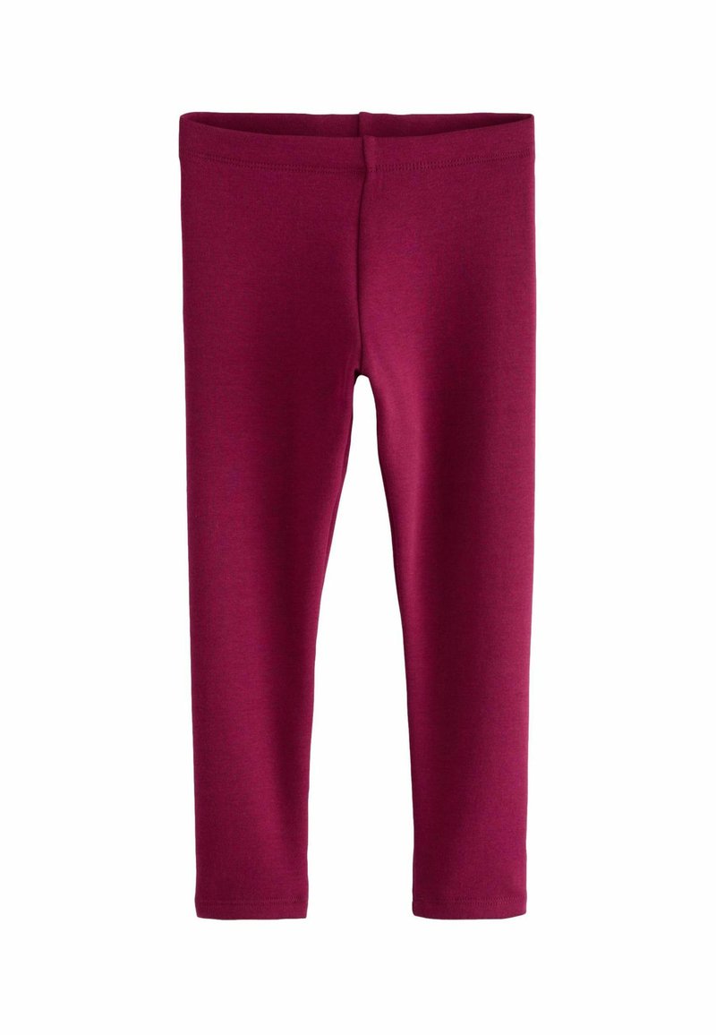 Bordeaux leggings lavet af strækbart stof med en glat tekstur. Har en elastisk talje og en tætsiddende design, der strækker sig til anklerne.