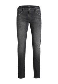 Pantalones vaqueros de denim negro con corte ajustado. Presentan un ligero desgaste, diseño de cinco bolsillos y una cremallera con cierre de botón. Textura suave.