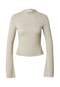 Beige lange mouwen top met een ronde halslijn en geschulpte rand. Heeft een getailleerde pasvorm en een zachte, gestructureerde stof.