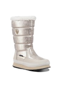 Metalliska silverfärgade snöstövlar med en fuskpälskrage, vadderad skaft och en beige gummisula, med en logotypdetalj på sidan.
