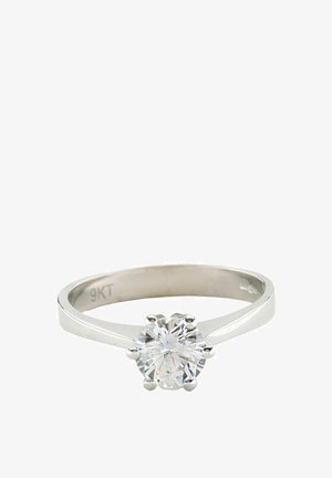 Prsten od 9 kt bijelog zlata s okruglim dijamantskim središnjim kamenjem, elegantna traka s glatkom završnom obradom, minimalistički dizajn i postavka s četiri nosača.