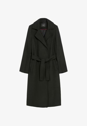 Czarny wełniany płaszcz z kołnierzem klapowym, długimi rękawami i paskiem w talii. Charakteryzuje się prostym krojem i gładką fakturą. Brak widocznych elementów metalowych.